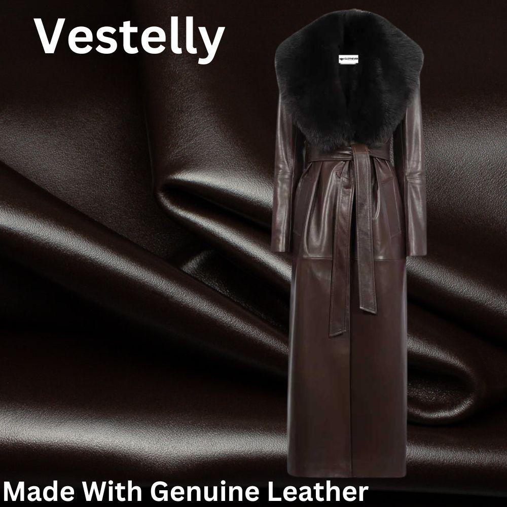 Brown Leather Coat With Fur Neck