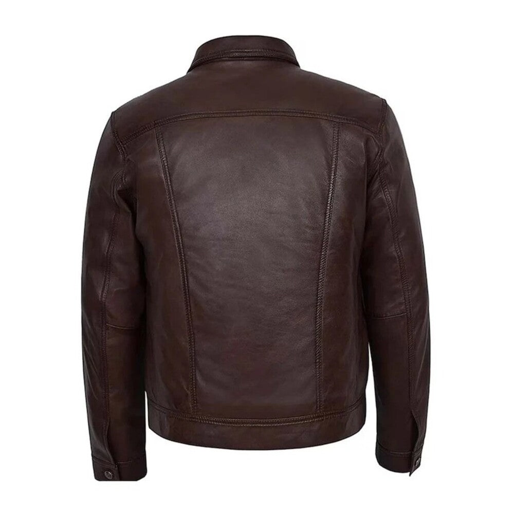 Brown leather trucker jacket