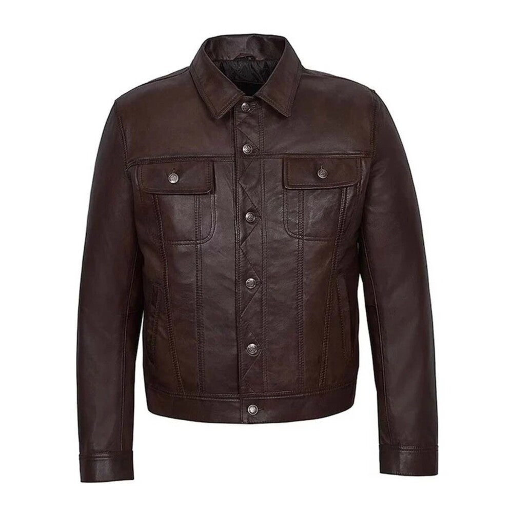 Brown leather trucker jacket