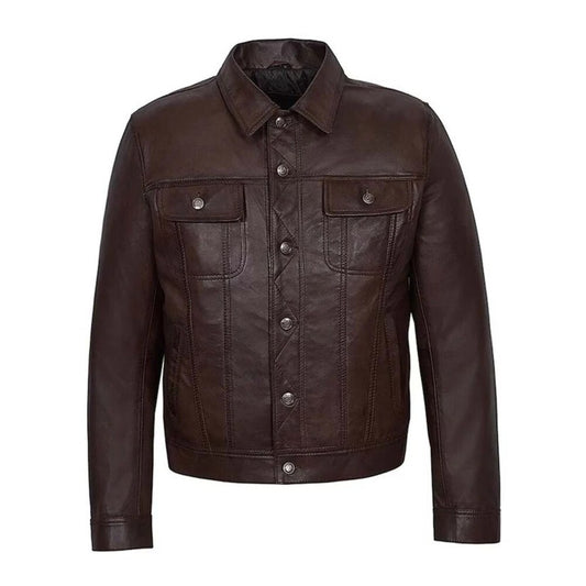 Brown leather trucker jacket