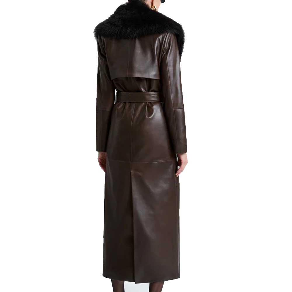 Brown Leather Coat With Fur Neck