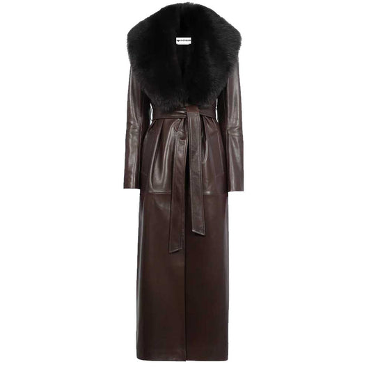 Brown Leather Coat With Fur Neck