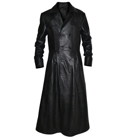 Black leather duster coat