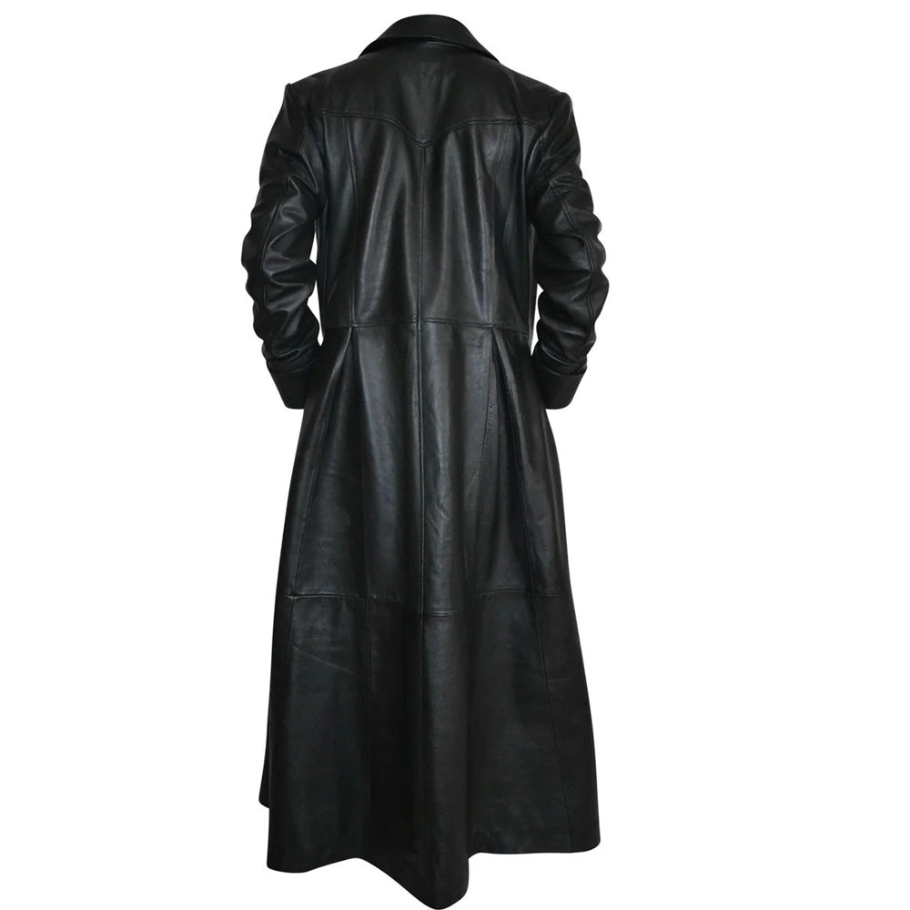 Black leather duster coat