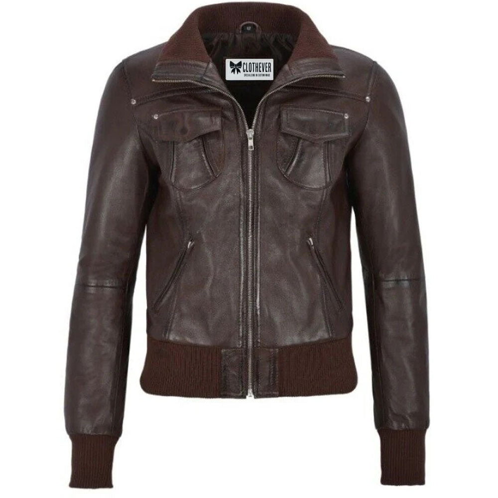 ladies leather bomber jacket