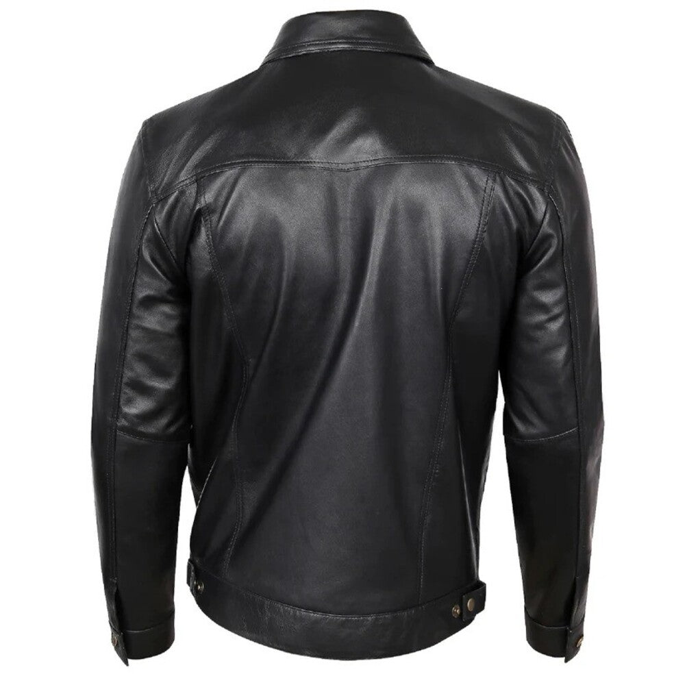 Black leather trucker jacket