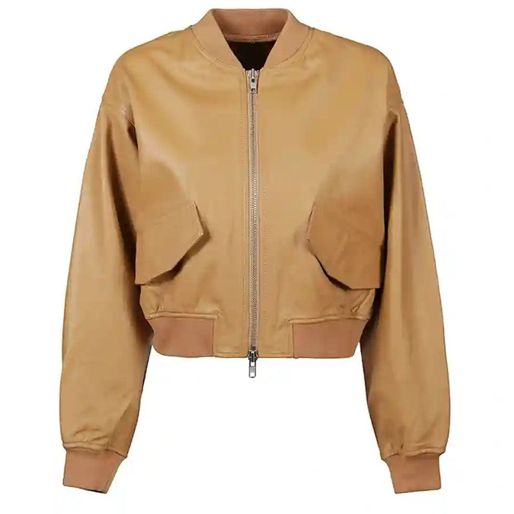 Brown leather bomber jacket