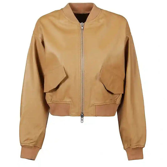 Brown leather bomber jacket